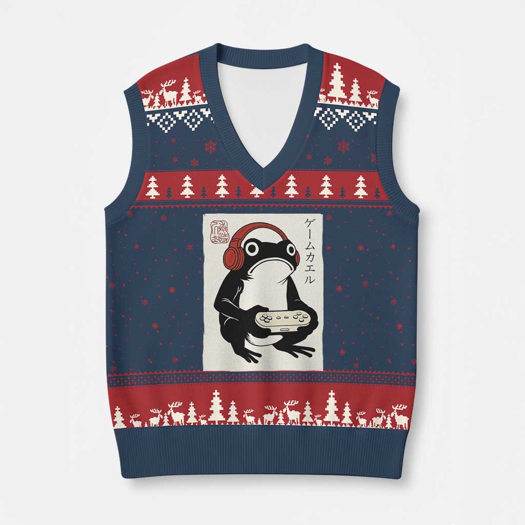 Japanese Gamer Frog V-Neck Knit Sweater Vest Boys Funny Vintage Gaming TS10 Navy Red Print Your Wear