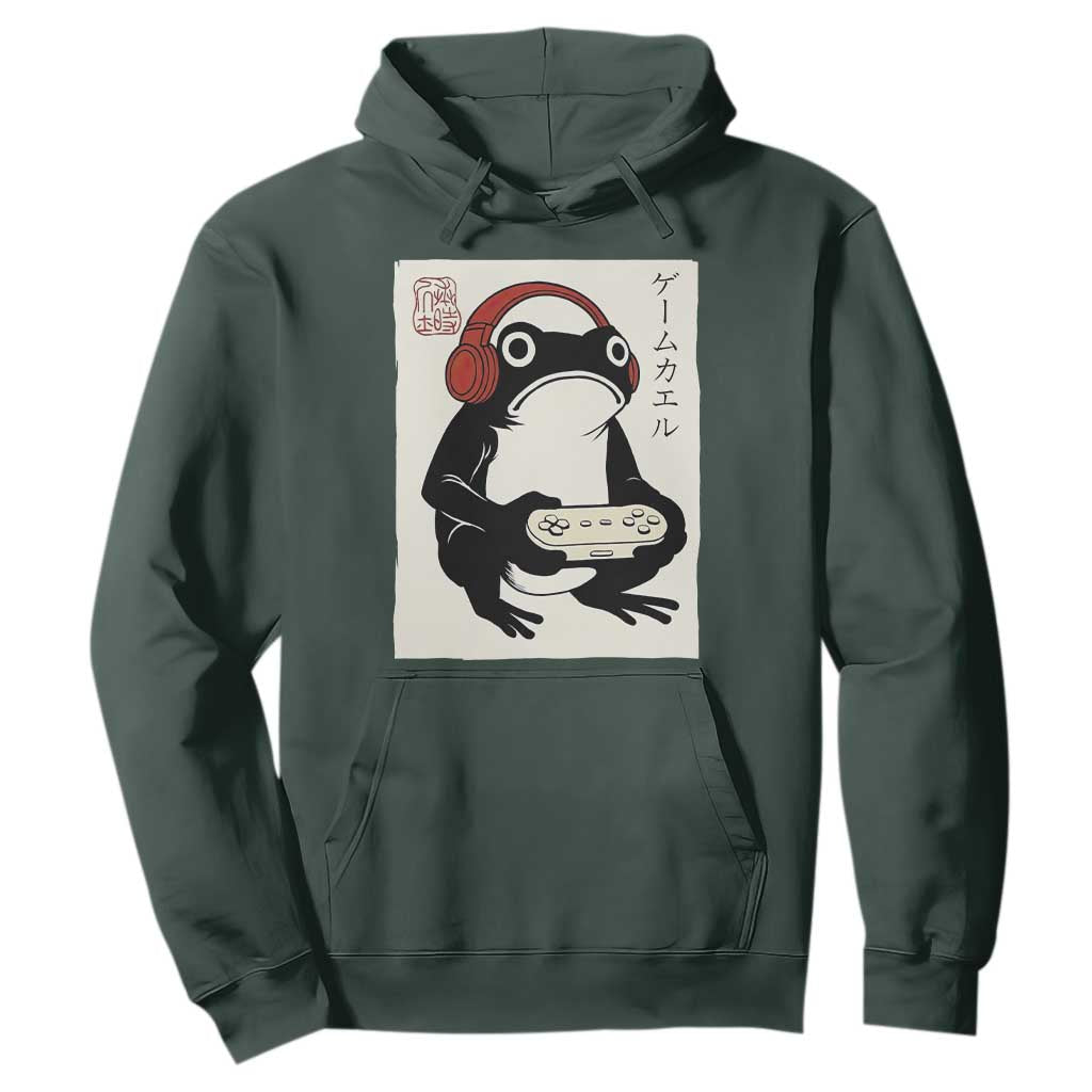 Japanese Gamer Frog Hoodie Boys Funny Vintage Gaming TS10 Dark Forest Green Print Your Wear