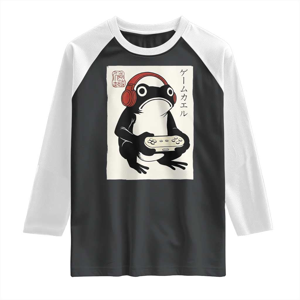 Japanese Gamer Frog Raglan Shirt Boys Funny Vintage Gaming TS10 Black White Print Your Wear
