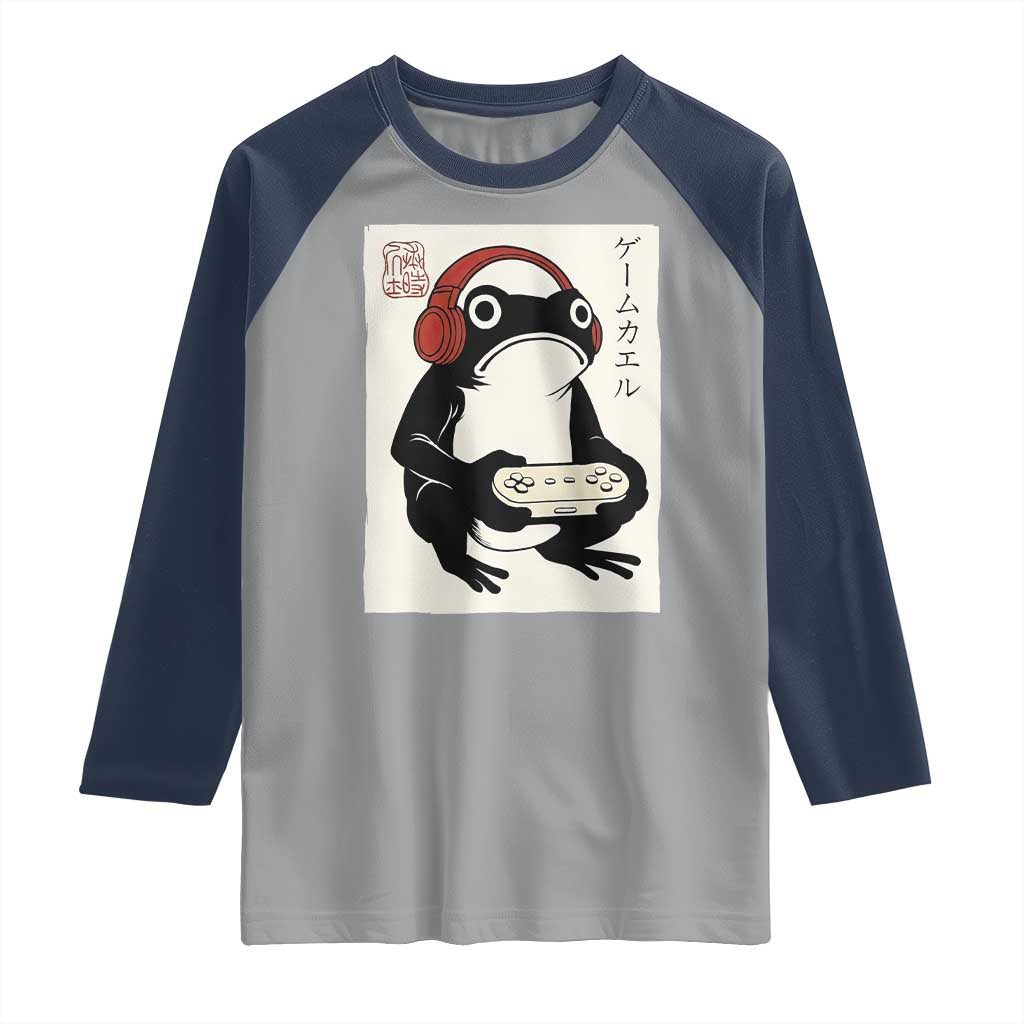 Japanese Gamer Frog Raglan Shirt Boys Funny Vintage Gaming TS10 Sport Gray Navy Print Your Wear