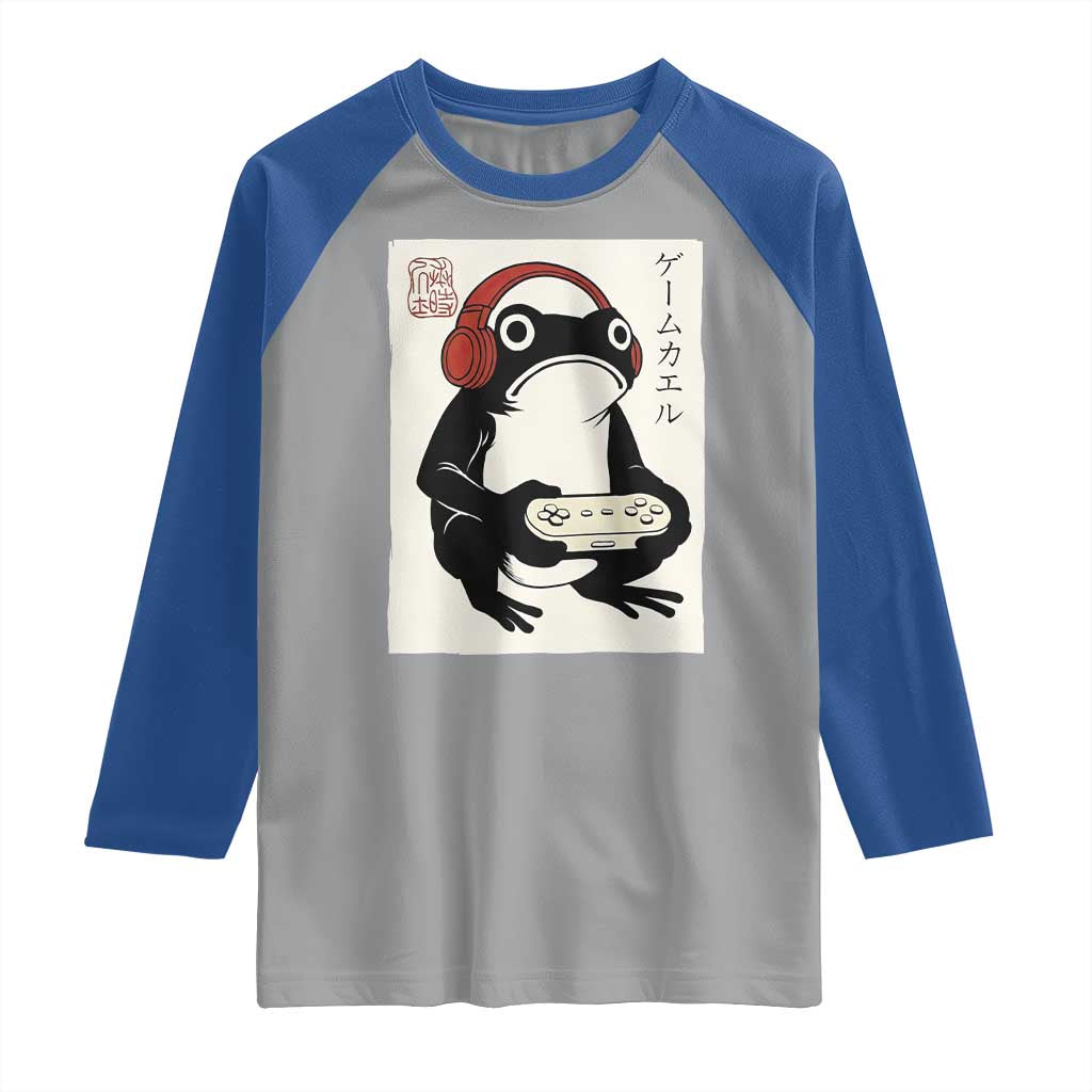 Japanese Gamer Frog Raglan Shirt Boys Funny Vintage Gaming TS10 Sport Gray Royal Print Your Wear