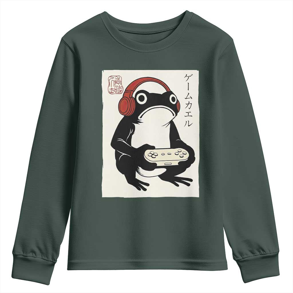 Japanese Gamer Frog Youth Sweatshirt Boys Funny Vintage Gaming TS10 Dark Forest Green Print Your Wear