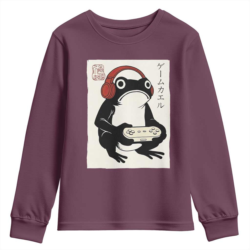 Japanese Gamer Frog Youth Sweatshirt Boys Funny Vintage Gaming TS10 Maroon Print Your Wear