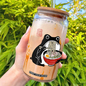 Funny Grumpy Frog Ramen Glass Can Sumi-e Kawaii Ink Painting Japanese TS10 White Print Your Wear