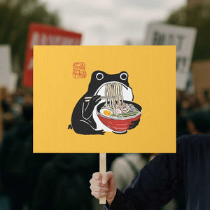 Funny Grumpy Frog Ramen Protest Sign Sumi-e Kawaii Ink Painting Japanese TS10 Horizontal 18" × 24" Yellow Print Your Wear