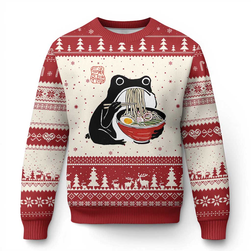 Funny Grumpy Frog Ramen Ugly Christmas Sweater Sumi-e Kawaii Ink Painting Japanese - Print Your Wear
