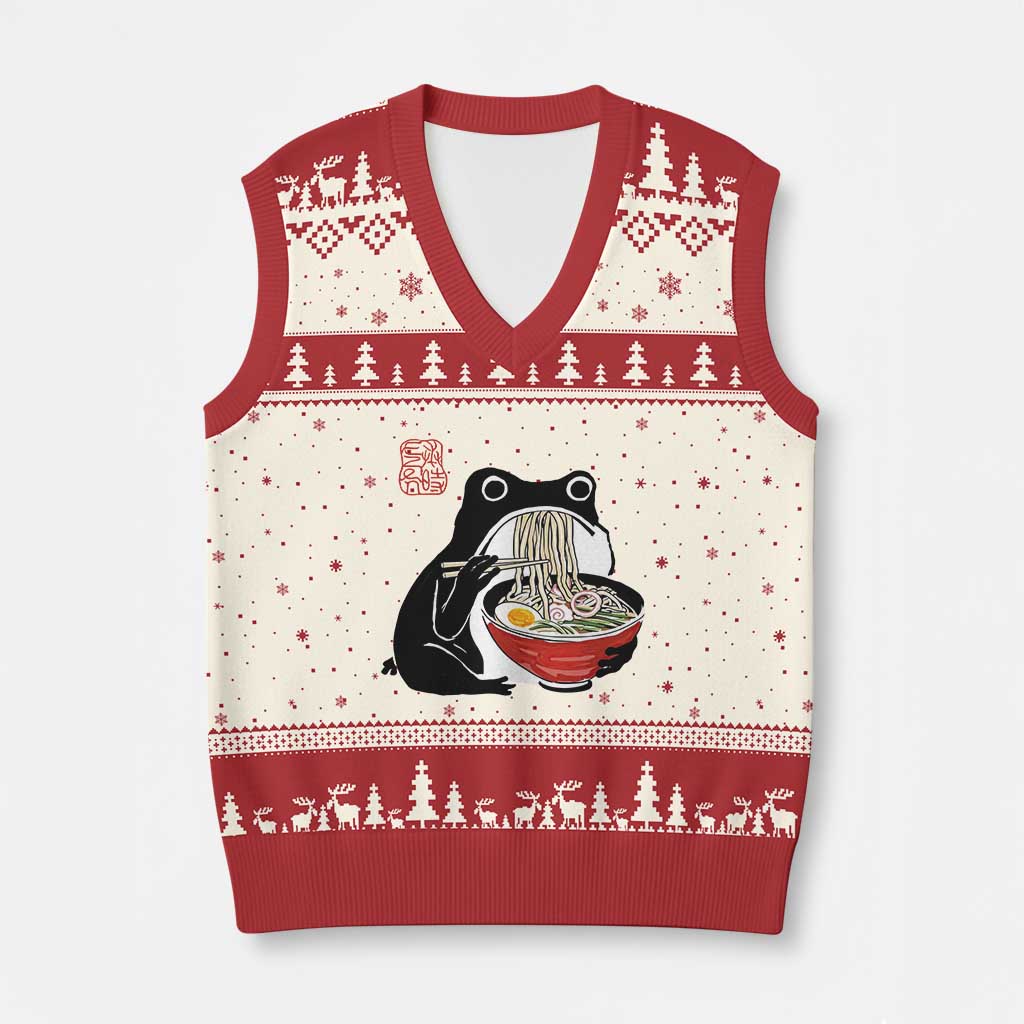 Funny Grumpy Frog Ramen V-Neck Knit Sweater Vest Sumi-e Kawaii Ink Painting Japanese TS10 Beige Red Print Your Wear