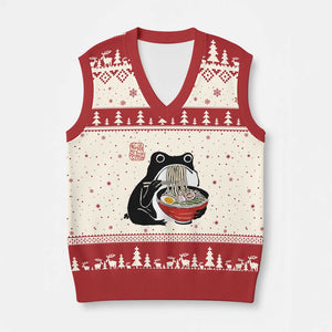 Funny Grumpy Frog Ramen V-Neck Knit Sweater Vest Sumi-e Kawaii Ink Painting Japanese TS10 Beige Red Print Your Wear
