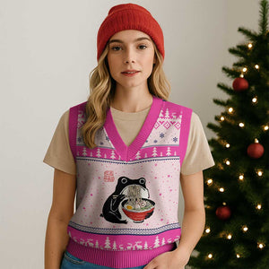 Funny Grumpy Frog Ramen V-Neck Knit Sweater Vest Sumi-e Kawaii Ink Painting Japanese TS10 Hot Pink Print Your Wear