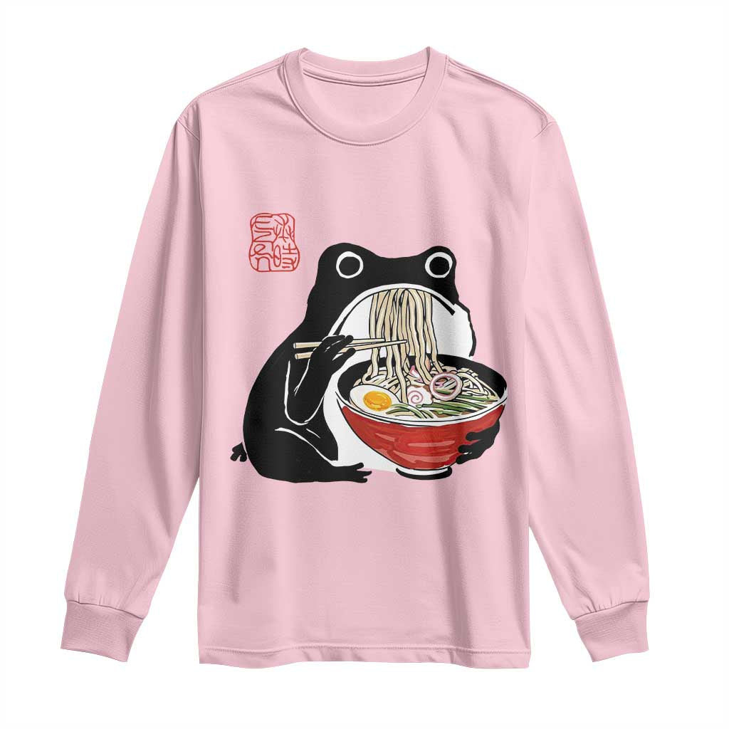 Funny Grumpy Frog Ramen Long Sleeve Shirt Sumi-e Kawaii Ink Painting Japanese TS10 Light Pink Print Your Wear