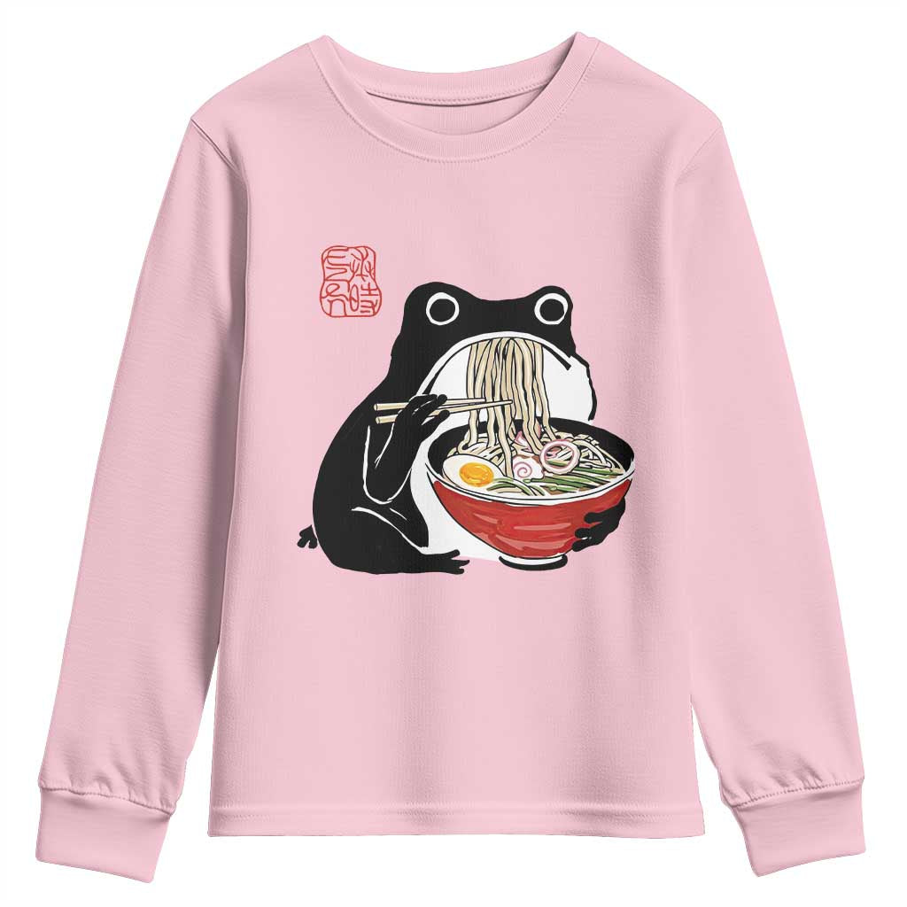 Funny Grumpy Frog Ramen Youth Sweatshirt Sumi-e Kawaii Ink Painting Japanese TS10 Light Pink Print Your Wear
