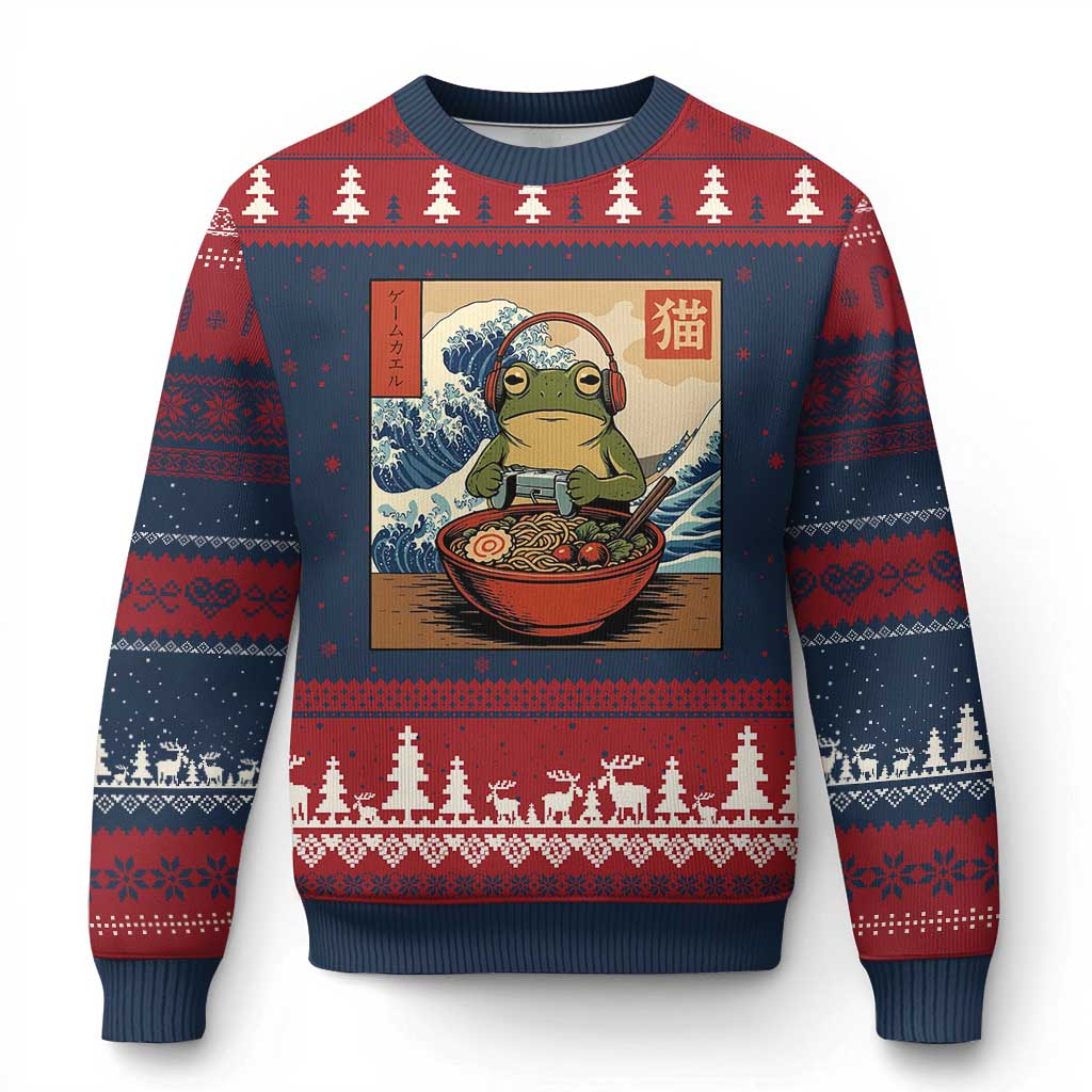 Cute Kawaii Gamer Frog Ramen Ugly Christmas Sweater Retro Japanese Funny Cat Gaming TS10 Navy Red Print Your Wear