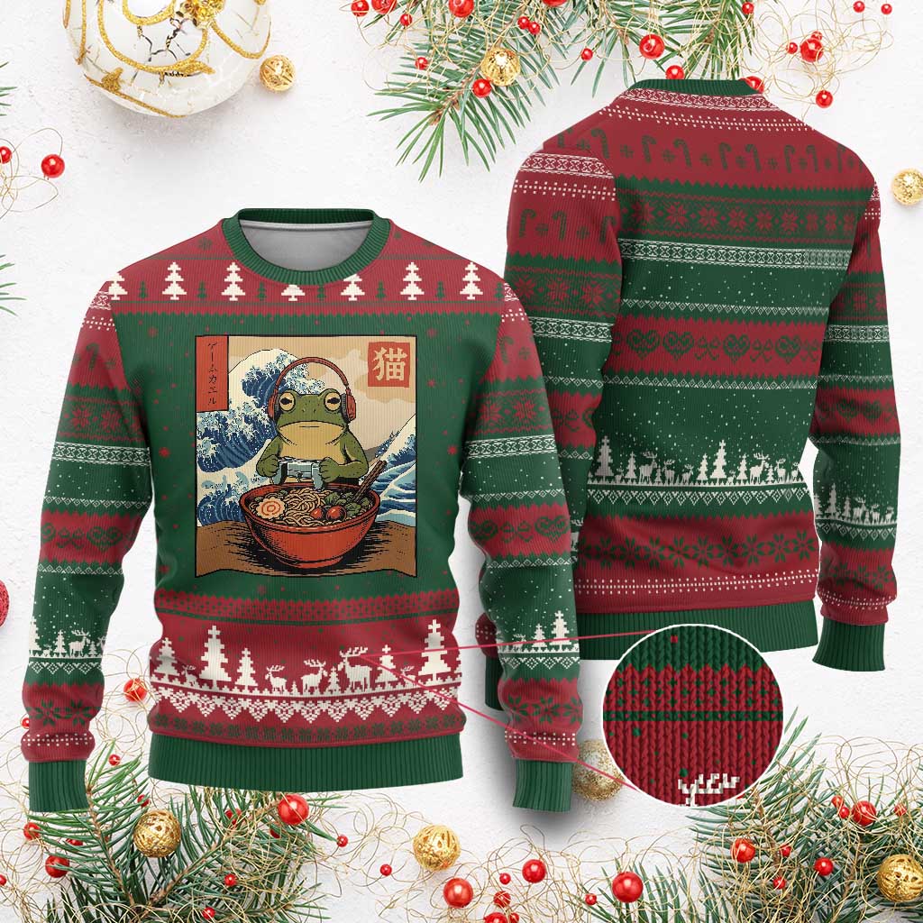 Cute Kawaii Gamer Frog Ramen Ugly Christmas Sweater Retro Japanese Funny Cat Gaming TS10 Red Green Print Your Wear