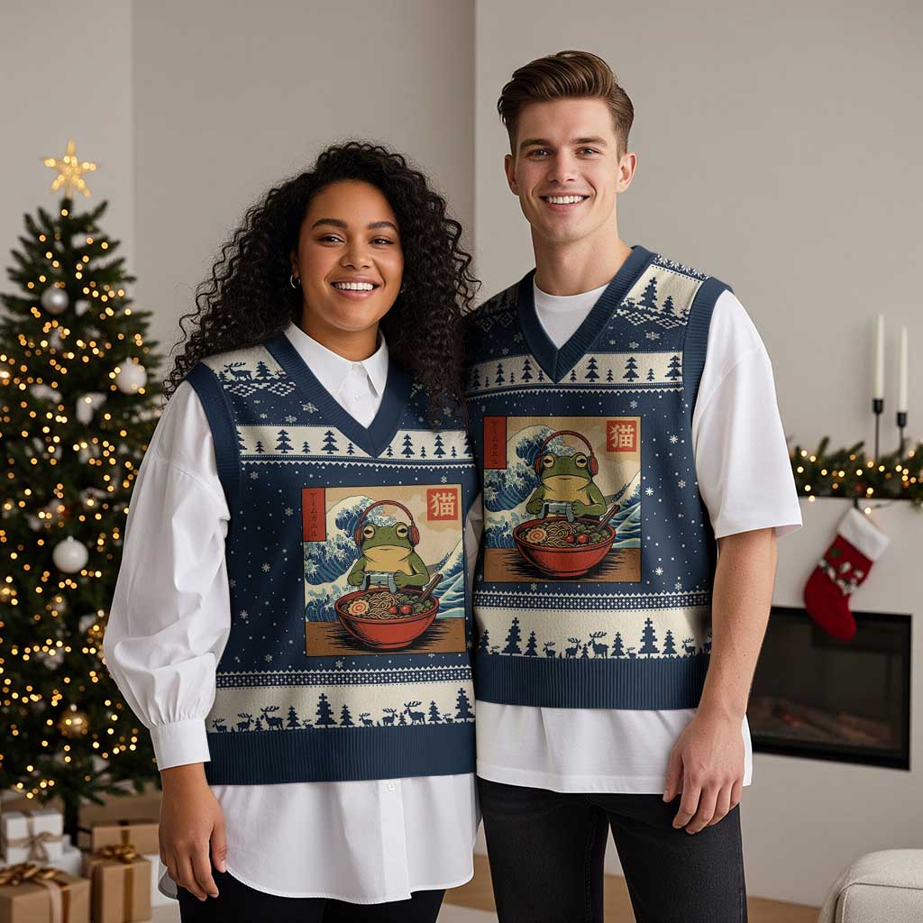 Cute Kawaii Gamer Frog Ramen V-Neck Knit Sweater Vest Retro Japanese Funny Cat Gaming TS10 Navy Beige Print Your Wear