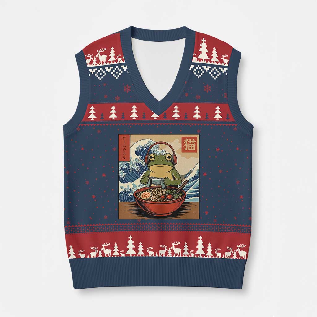 Cute Kawaii Gamer Frog Ramen V-Neck Knit Sweater Vest Retro Japanese Funny Cat Gaming TS10 Navy Red Print Your Wear