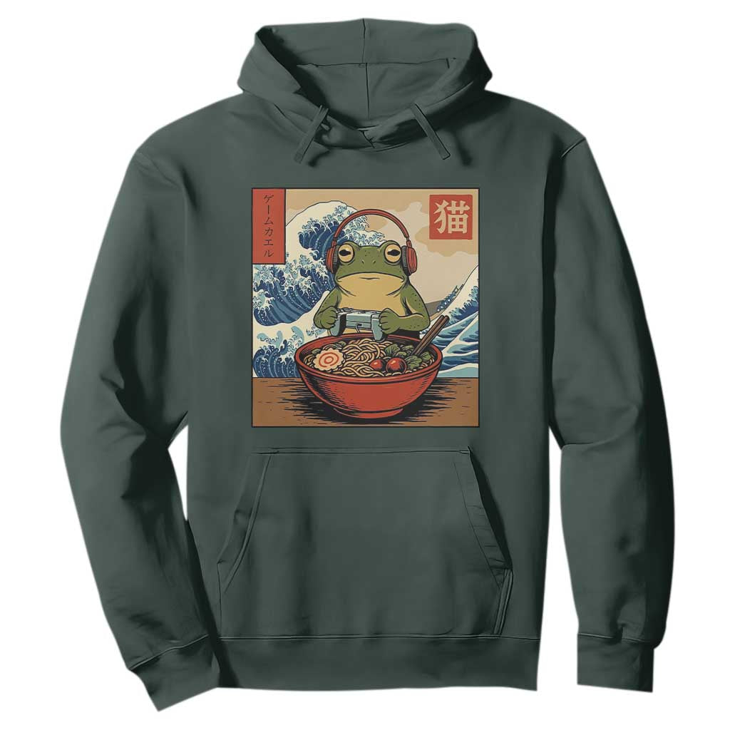 Cute Kawaii Gamer Frog Ramen Hoodie Retro Japanese Funny Cat Gaming TS10 Dark Forest Green Print Your Wear