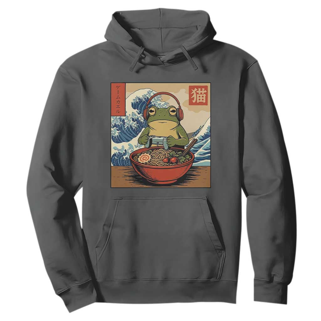 Cute Kawaii Gamer Frog Ramen Hoodie Retro Japanese Funny Cat Gaming TS10 Dark Heather Print Your Wear