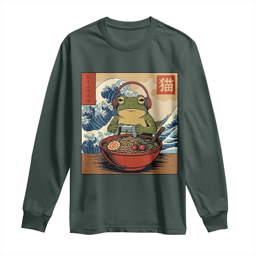 Cute Kawaii Gamer Frog Ramen Long Sleeve Shirt Retro Japanese Funny Cat Gaming TS10 Dark Forest Green Print Your Wear