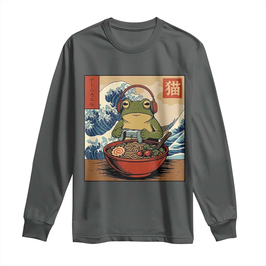 Cute Kawaii Gamer Frog Ramen Long Sleeve Shirt Retro Japanese Funny Cat Gaming TS10 Dark Heather Print Your Wear