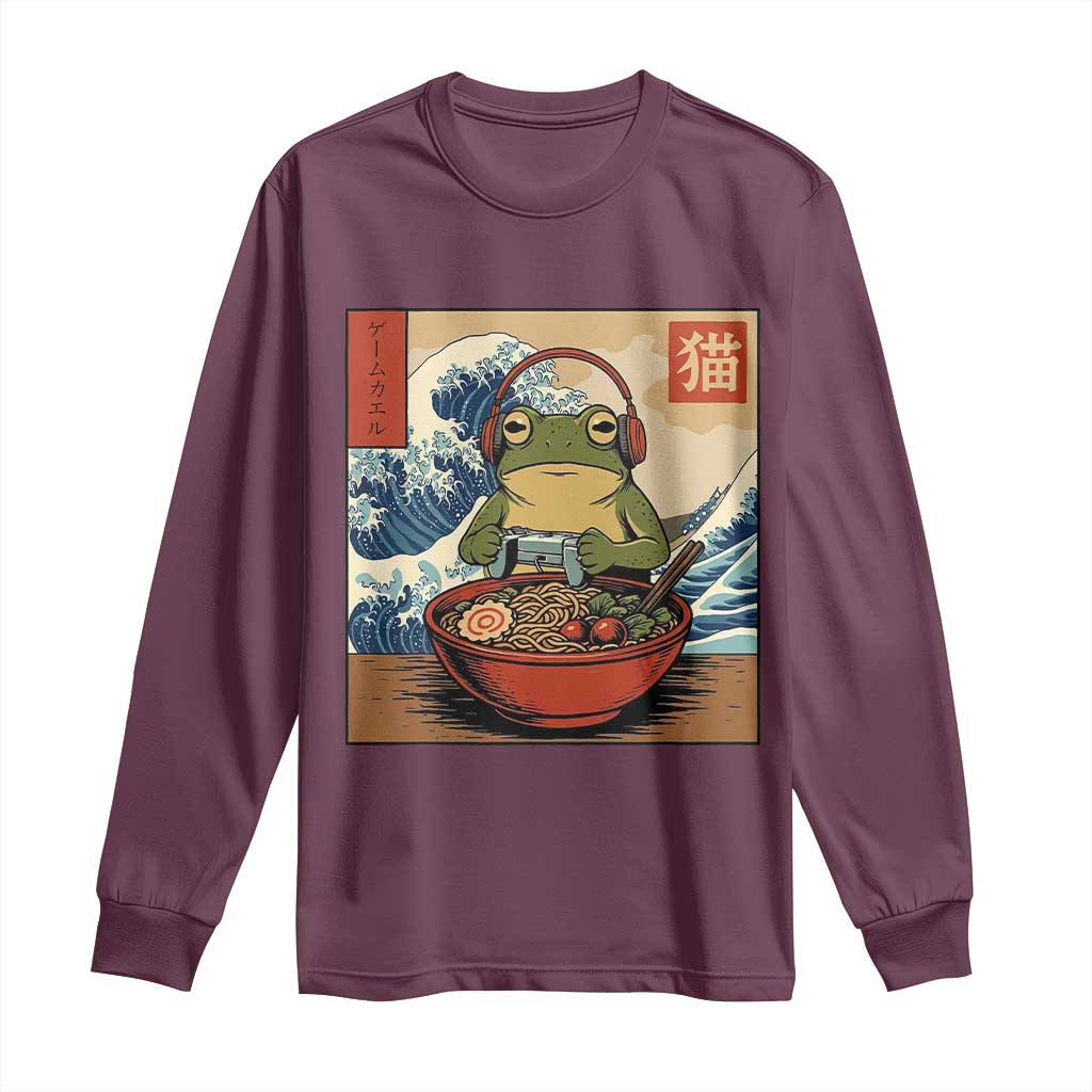 Cute Kawaii Gamer Frog Ramen Long Sleeve Shirt Retro Japanese Funny Cat Gaming TS10 Maroon Print Your Wear
