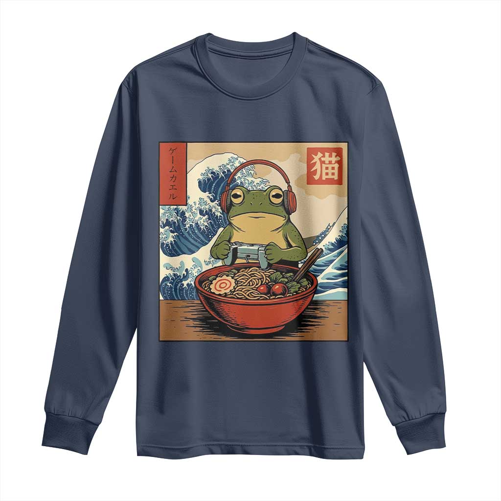 Cute Kawaii Gamer Frog Ramen Long Sleeve Shirt Retro Japanese Funny Cat Gaming TS10 Navy Print Your Wear