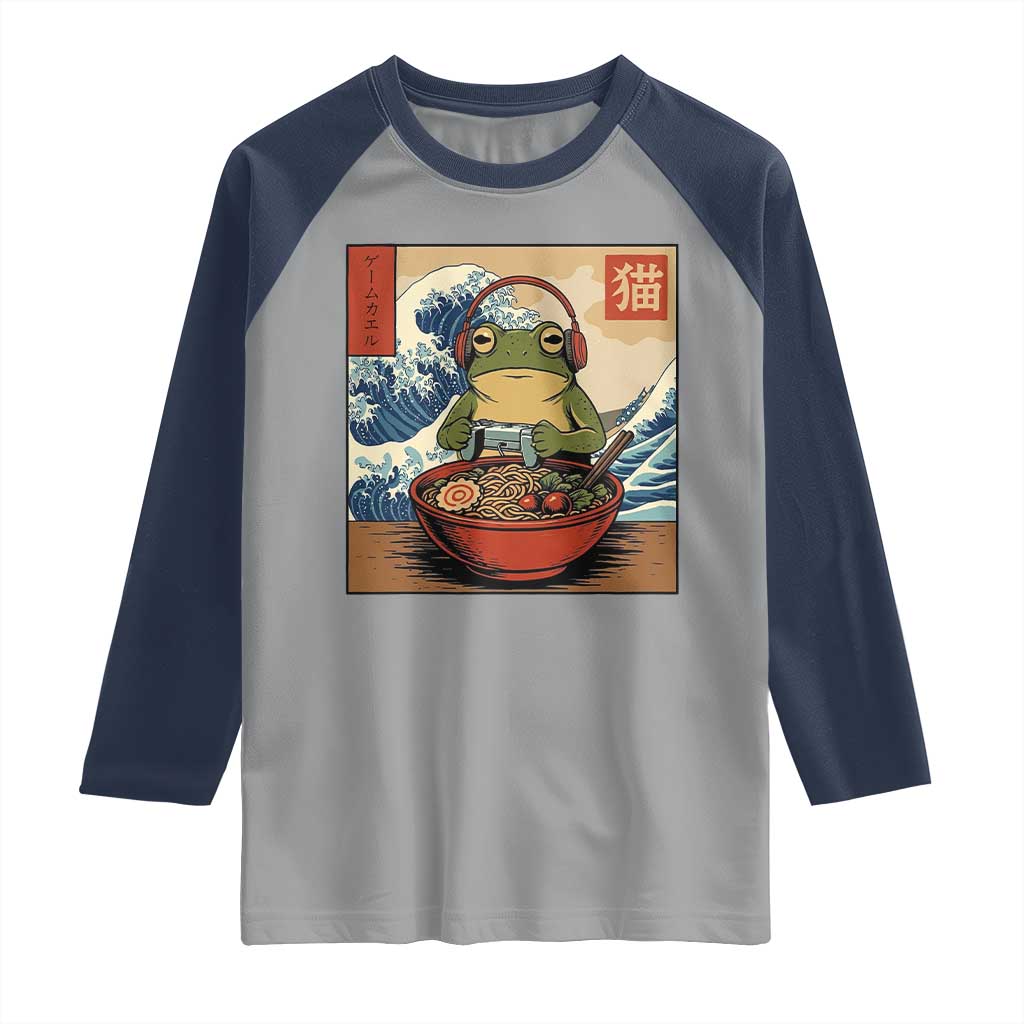 Cute Kawaii Gamer Frog Ramen Raglan Shirt Retro Japanese Funny Cat Gaming TS10 Sport Gray Navy Print Your Wear