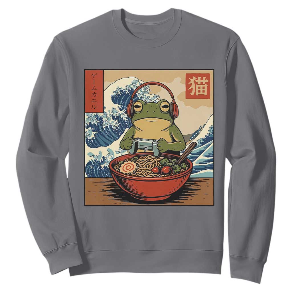 Cute Kawaii Gamer Frog Ramen Sweatshirt Retro Japanese Funny Cat Gaming TS10 Charcoal Print Your Wear