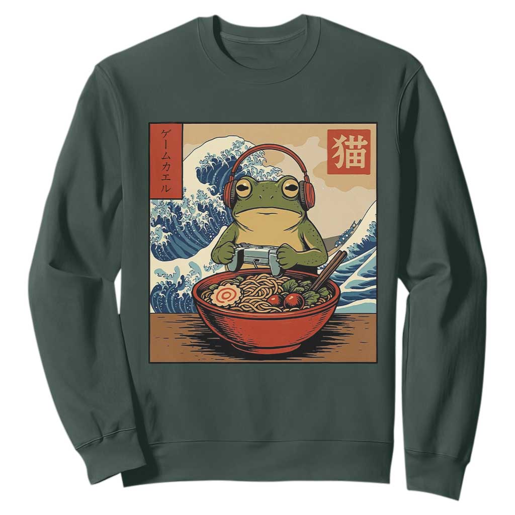 Cute Kawaii Gamer Frog Ramen Sweatshirt Retro Japanese Funny Cat Gaming TS10 Dark Forest Green Print Your Wear