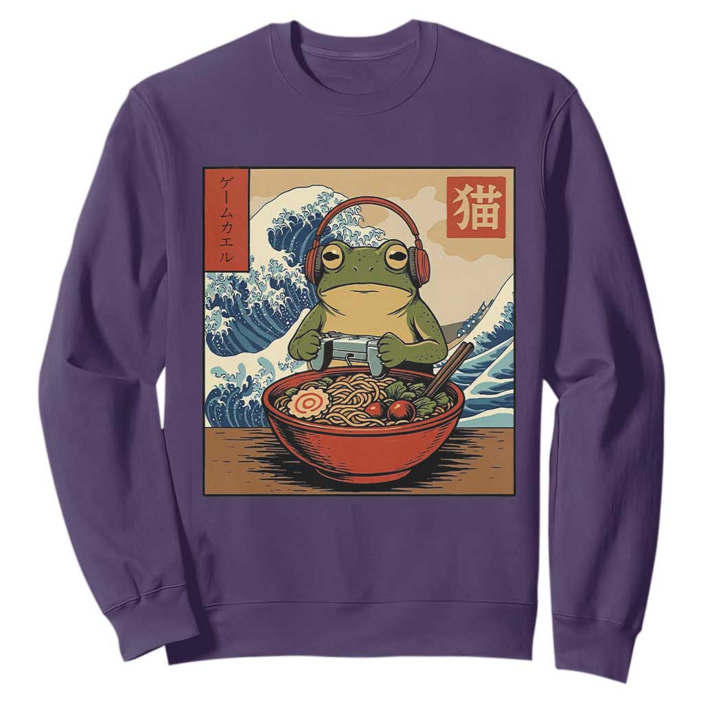 Cute Kawaii Gamer Frog Ramen Sweatshirt Retro Japanese Funny Cat Gaming TS10 Purple Print Your Wear