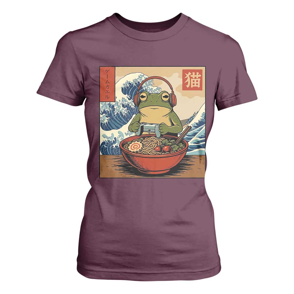 Cute Kawaii Gamer Frog Ramen T Shirt For Women Retro Japanese Funny Cat Gaming TS10 Maroon Print Your Wear