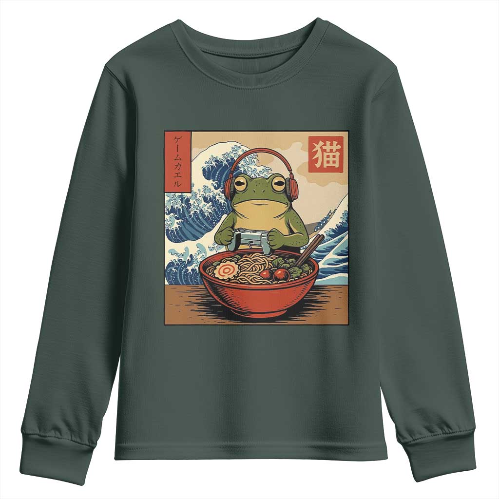 Cute Kawaii Gamer Frog Ramen Youth Sweatshirt Retro Japanese Funny Cat Gaming TS10 Dark Forest Green Print Your Wear