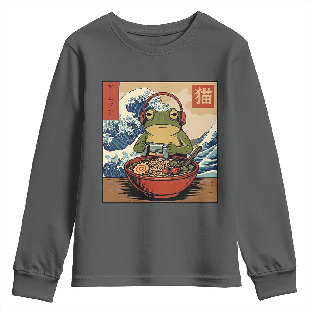 Cute Kawaii Gamer Frog Ramen Youth Sweatshirt Retro Japanese Funny Cat Gaming TS10 Dark Heather Print Your Wear