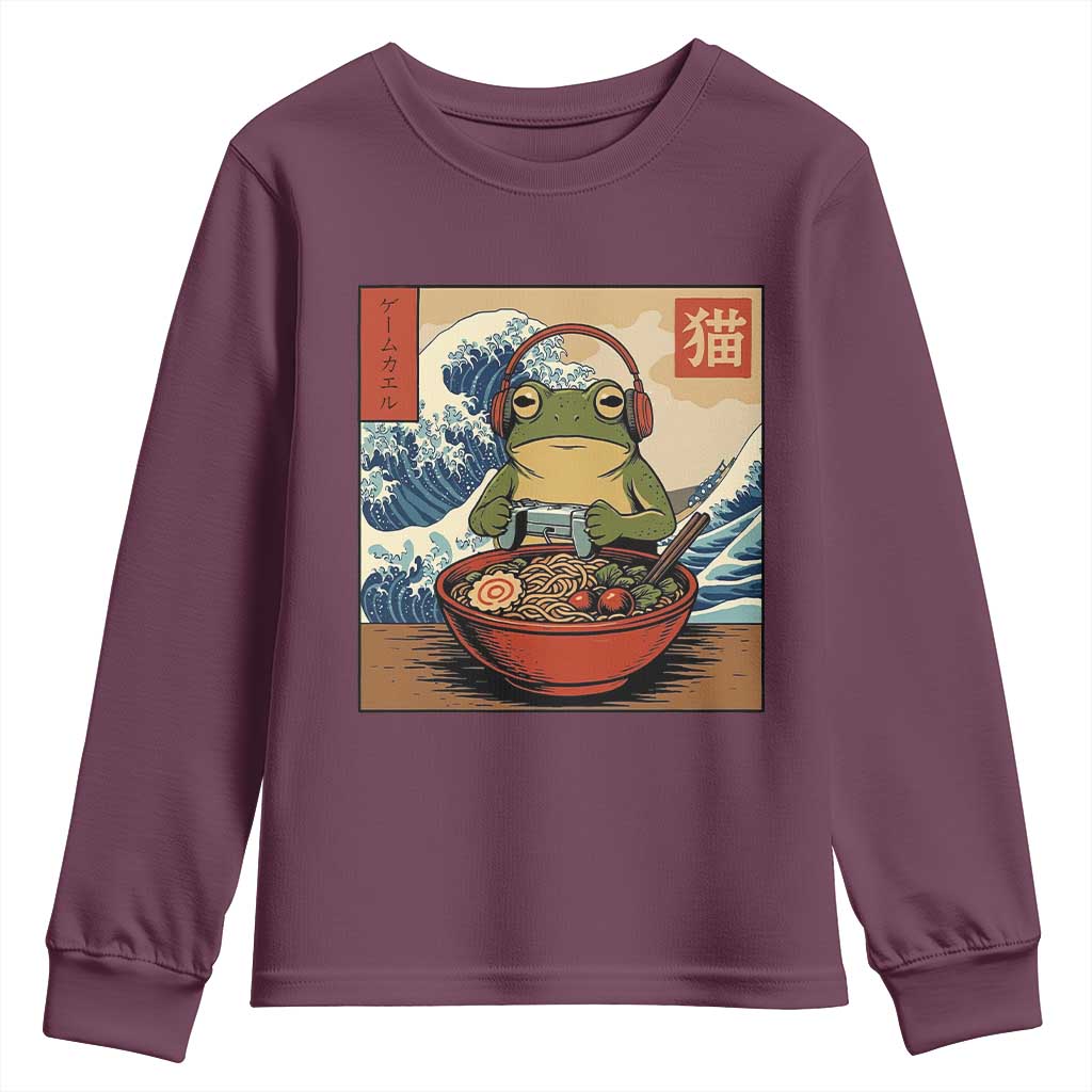 Cute Kawaii Gamer Frog Ramen Youth Sweatshirt Retro Japanese Funny Cat Gaming TS10 Maroon Print Your Wear