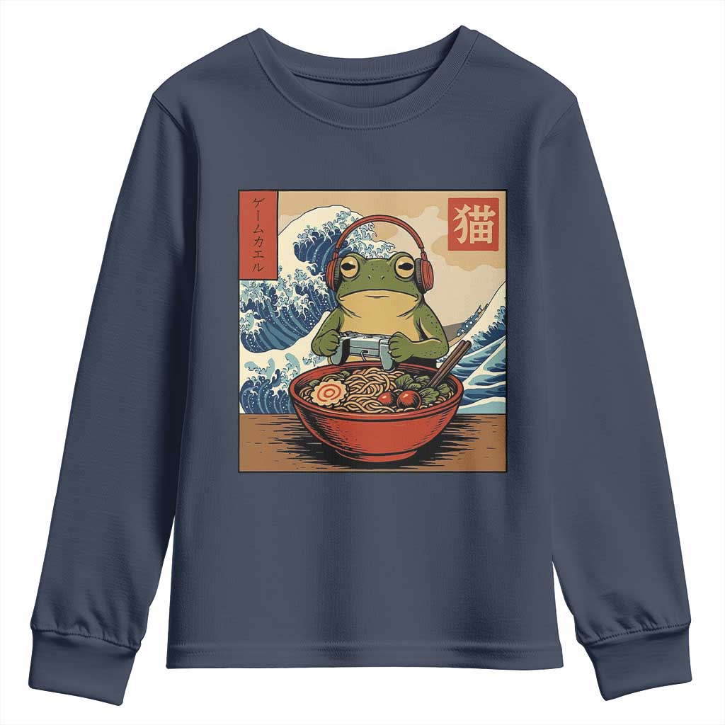 Cute Kawaii Gamer Frog Ramen Youth Sweatshirt Retro Japanese Funny Cat Gaming TS10 Navy Print Your Wear