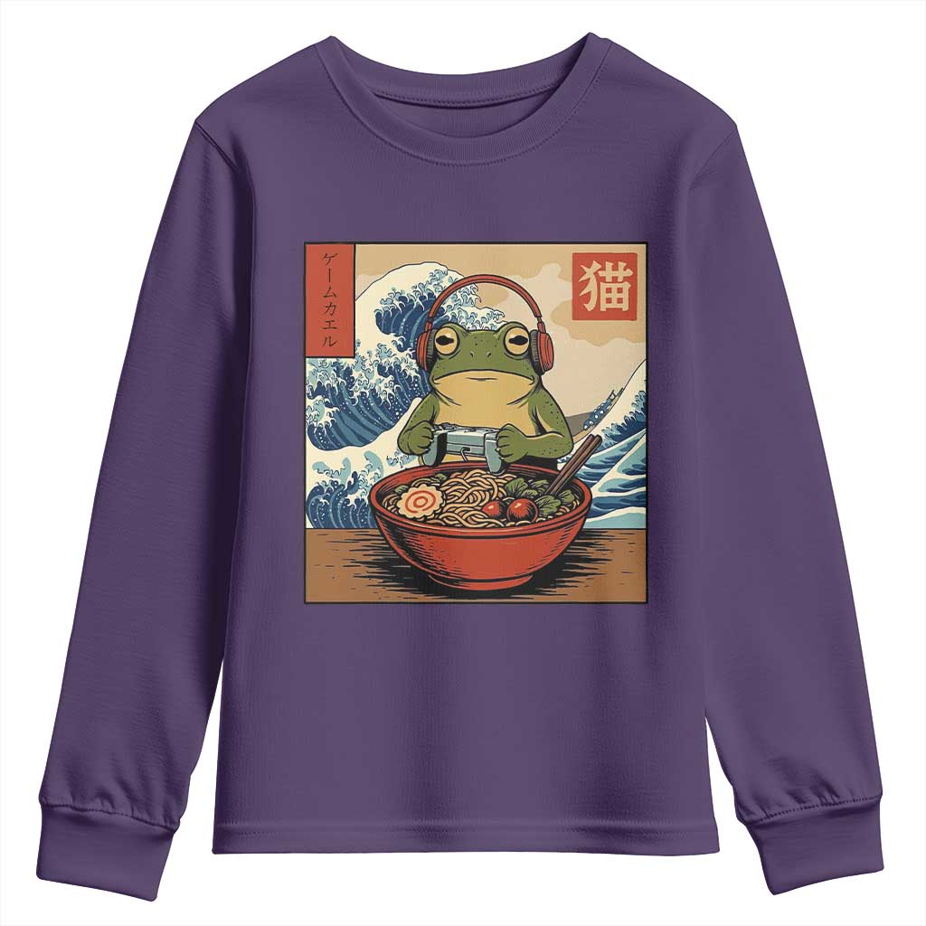 Cute Kawaii Gamer Frog Ramen Youth Sweatshirt Retro Japanese Funny Cat Gaming TS10 Purple Print Your Wear