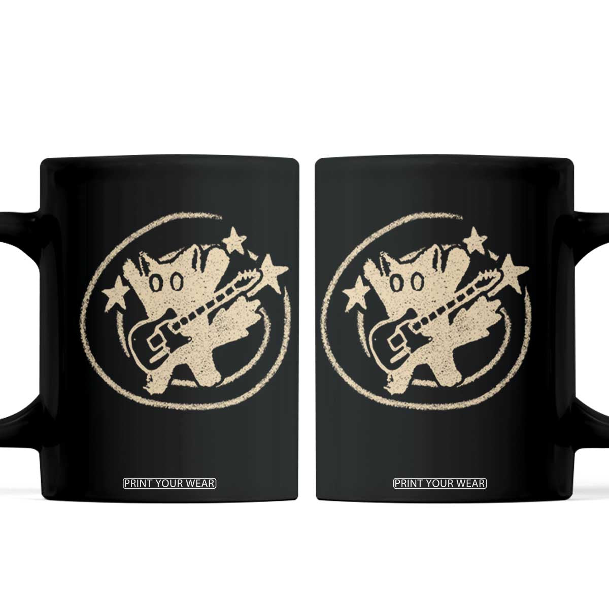 90s Y2K Scary Cat Coffee Mug Scared Under Starry Tail Cat Playing Guitar TS10 Black Print Your Wear