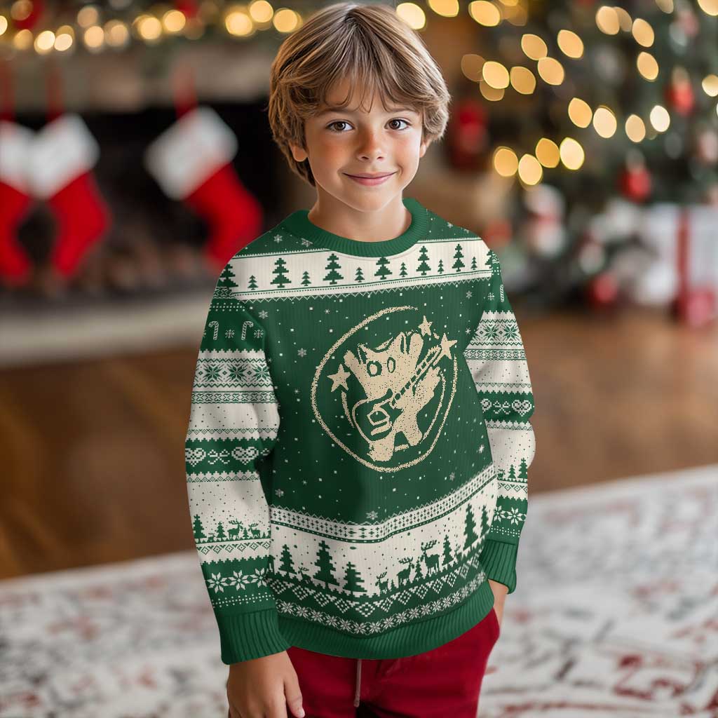 90s Y2K Scary Cat Ugly Christmas Sweater Scared Under Starry Tail Cat Playing Guitar TS10 Forest Green Beige Print Your Wear