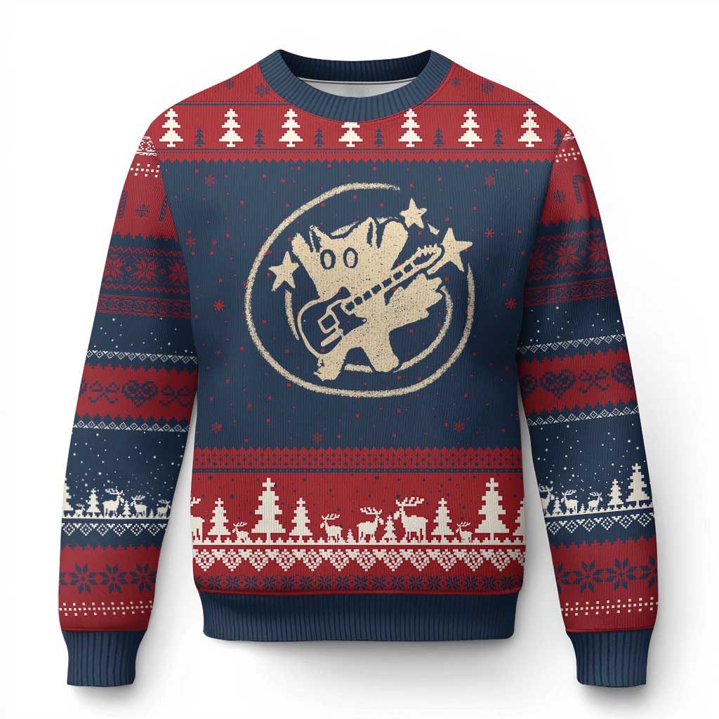 90s Y2K Scary Cat Ugly Christmas Sweater Scared Under Starry Tail Cat Playing Guitar TS10 Navy Red Print Your Wear