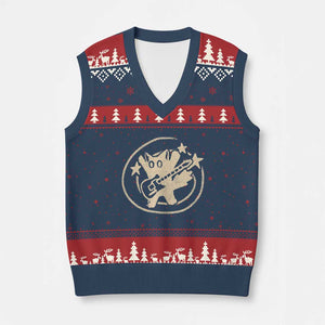90s Y2K Scary Cat V-Neck Knit Sweater Vest Scared Under Starry Tail Cat Playing Guitar TS10 Navy Red Print Your Wear