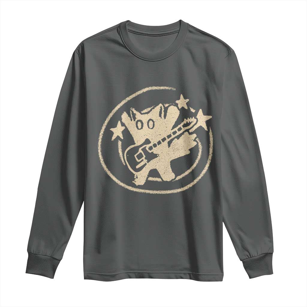 90s Y2K Scary Cat Long Sleeve Shirt Scared Under Starry Tail Cat Playing Guitar TS10 Dark Heather Print Your Wear