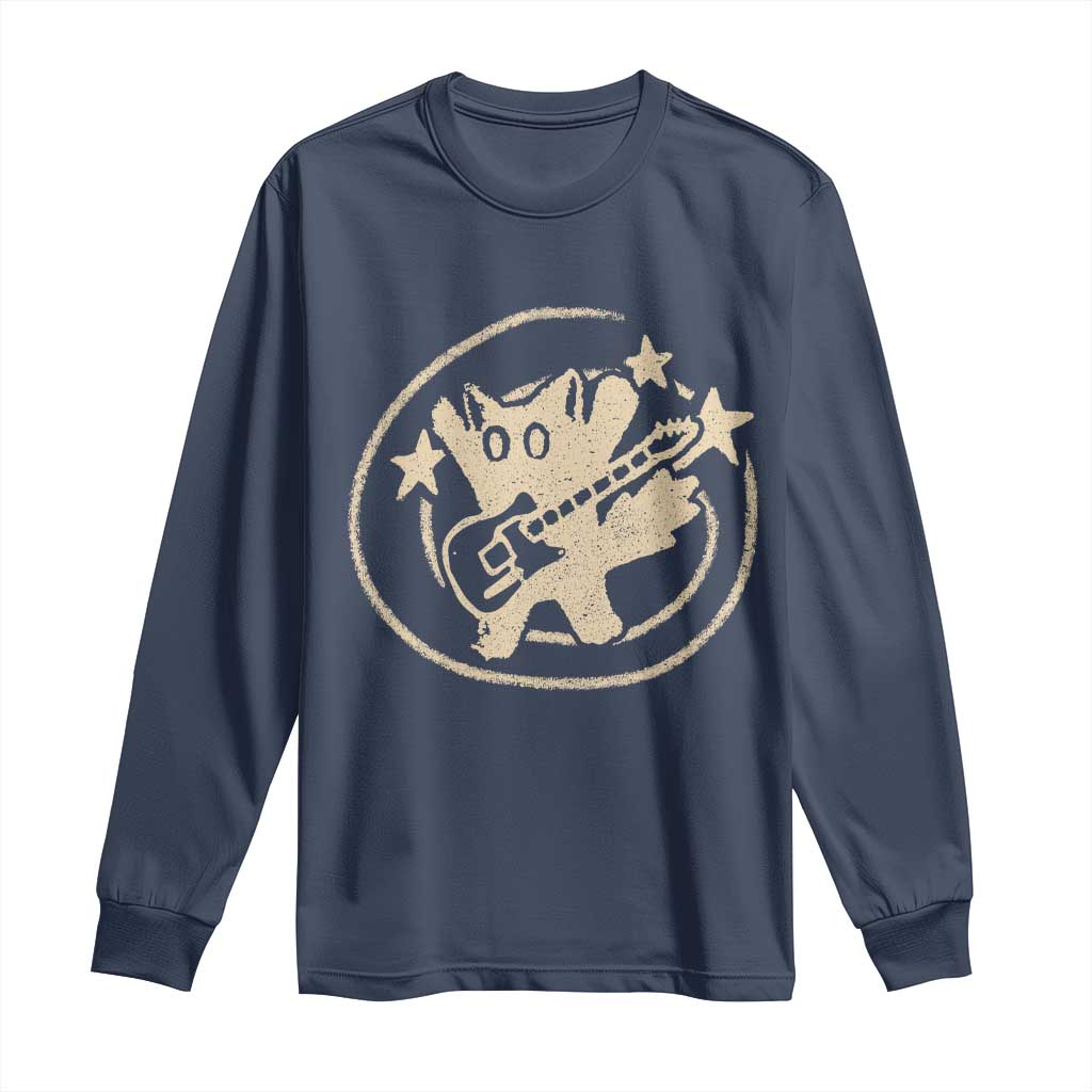 90s Y2K Scary Cat Long Sleeve Shirt Scared Under Starry Tail Cat Playing Guitar TS10 Navy Print Your Wear