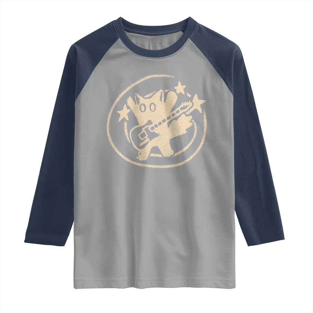 90s Y2K Scary Cat Raglan Shirt Scared Under Starry Tail Cat Playing Guitar TS10 Sport Gray Navy Print Your Wear