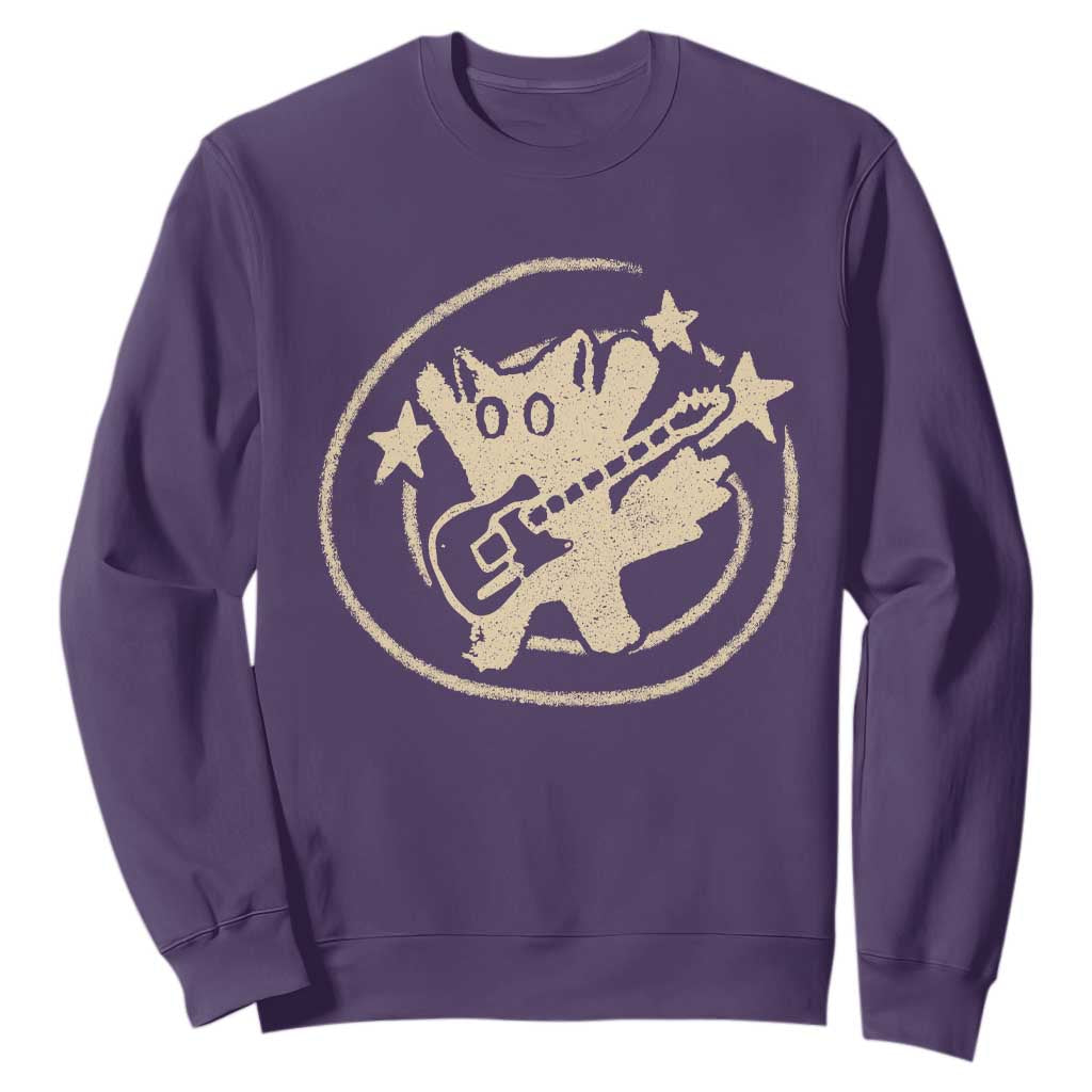 90s Y2K Scary Cat Sweatshirt Scared Under Starry Tail Cat Playing Guitar TS10 Purple Print Your Wear