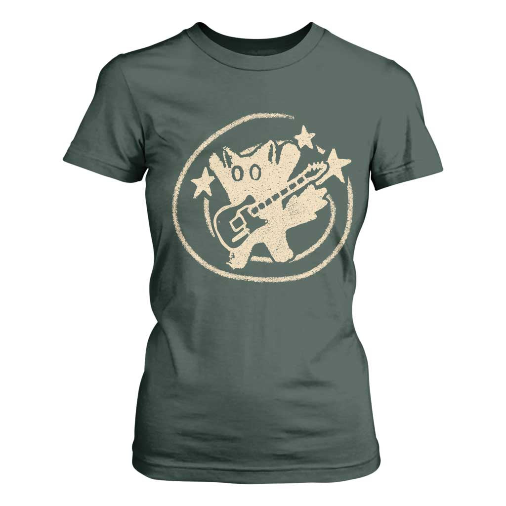 90s Y2K Scary Cat T Shirt For Women Scared Under Starry Tail Cat Playing Guitar TS10 Dark Forest Green Print Your Wear