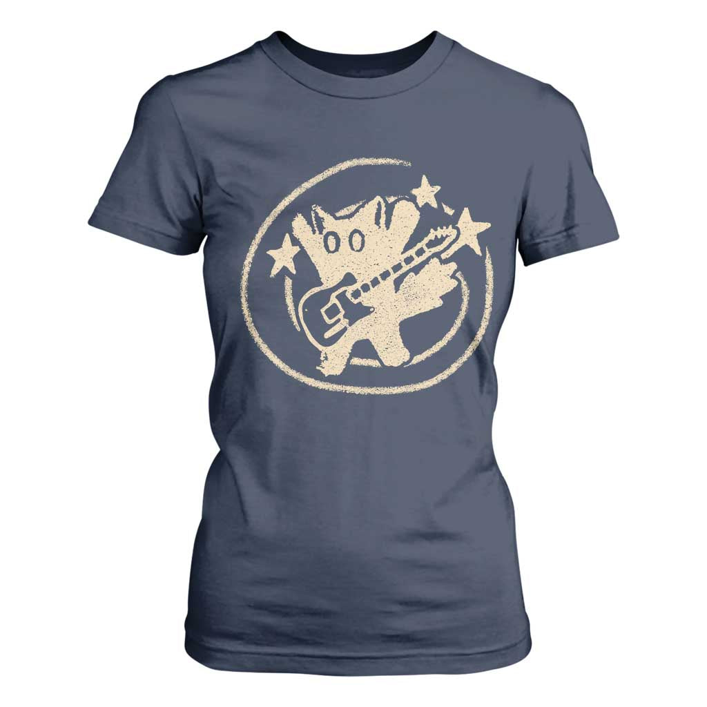 90s Y2K Scary Cat T Shirt For Women Scared Under Starry Tail Cat Playing Guitar TS10 Navy Print Your Wear