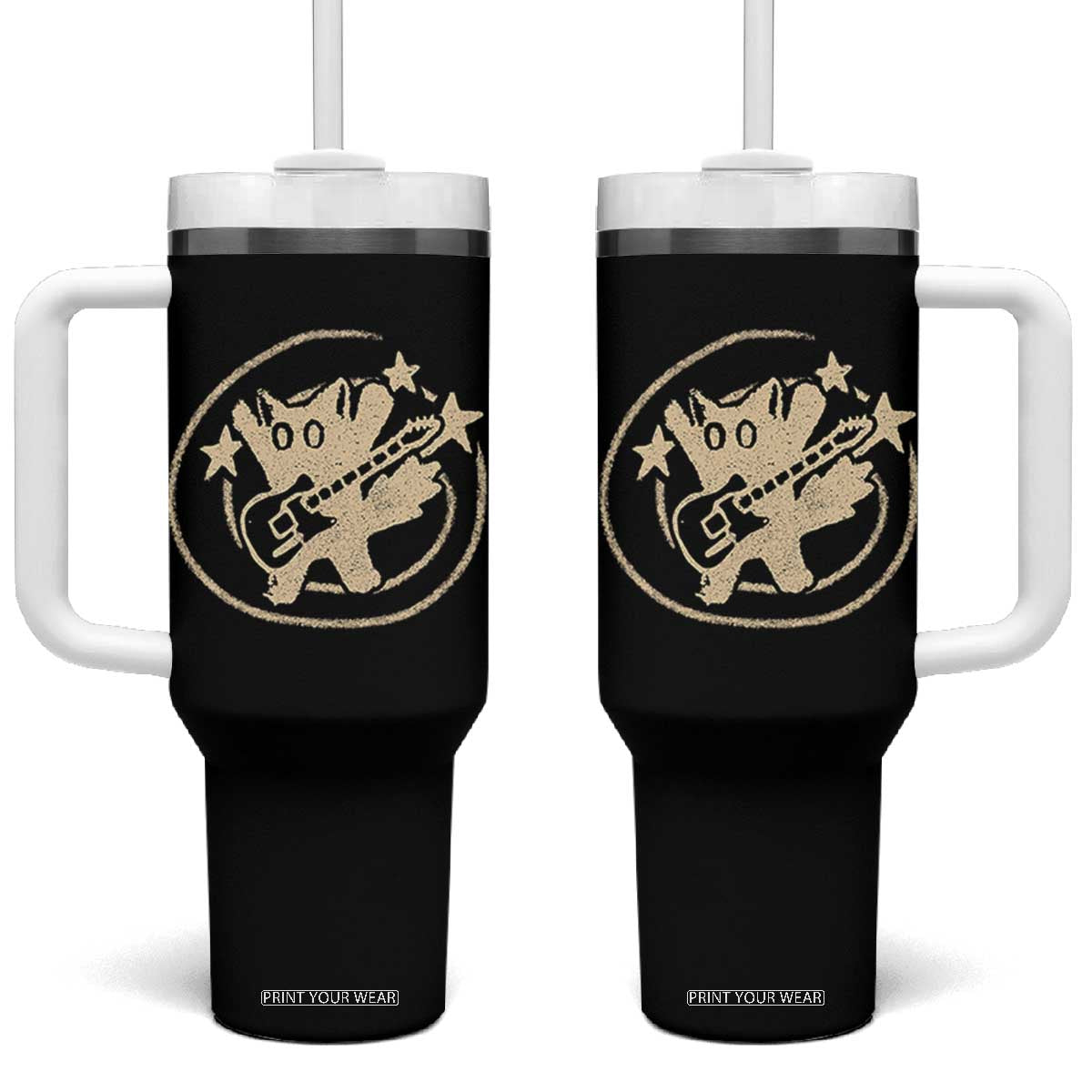 90s Y2K Scary Cat Tumbler With Handle Scared Under Starry Tail Cat Playing Guitar TS10 One Size: 40 oz Black Print Your Wear