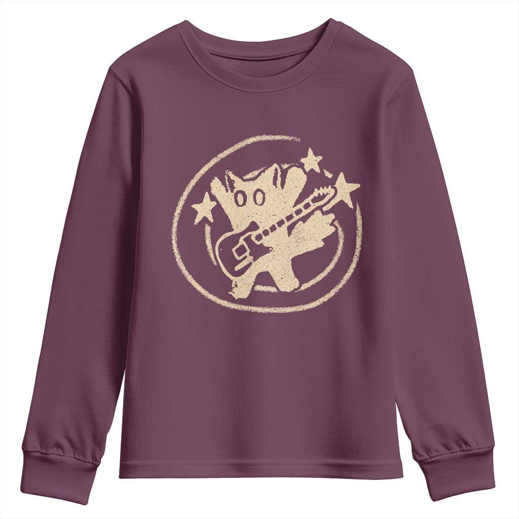 90s Y2K Scary Cat Youth Sweatshirt Scared Under Starry Tail Cat Playing Guitar TS10 Maroon Print Your Wear