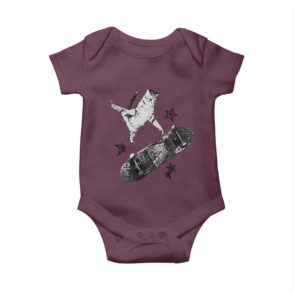 Skateboard Cat Y2K Baby Onesie Rockstar Gf Aesthetic Cat Retro Grunge Skater TS10 Maroon Print Your Wear