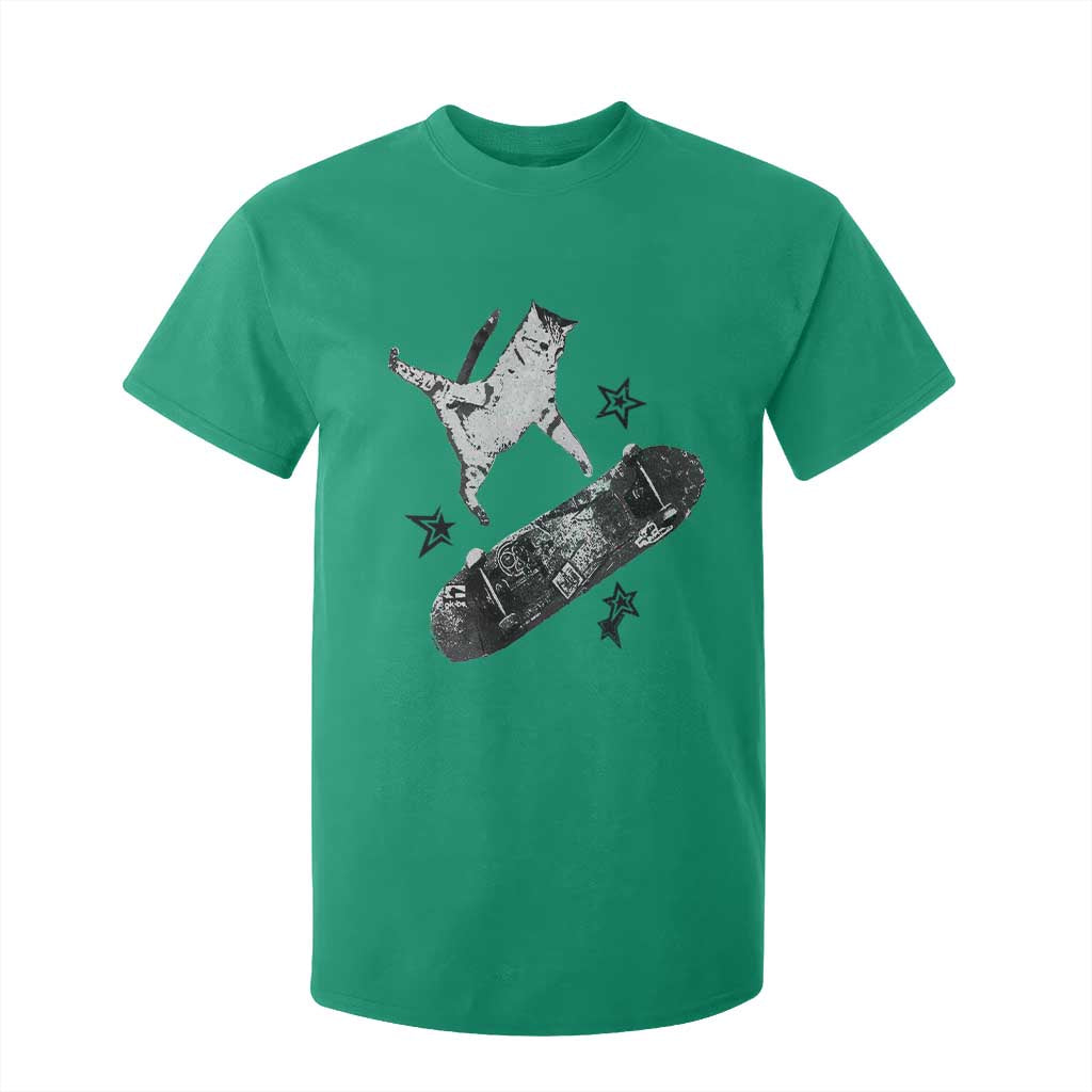 Skateboard Cat Y2K T Shirt For Kid Rockstar Gf Aesthetic Cat Retro Grunge Skater TS10 Irish Green Print Your Wear