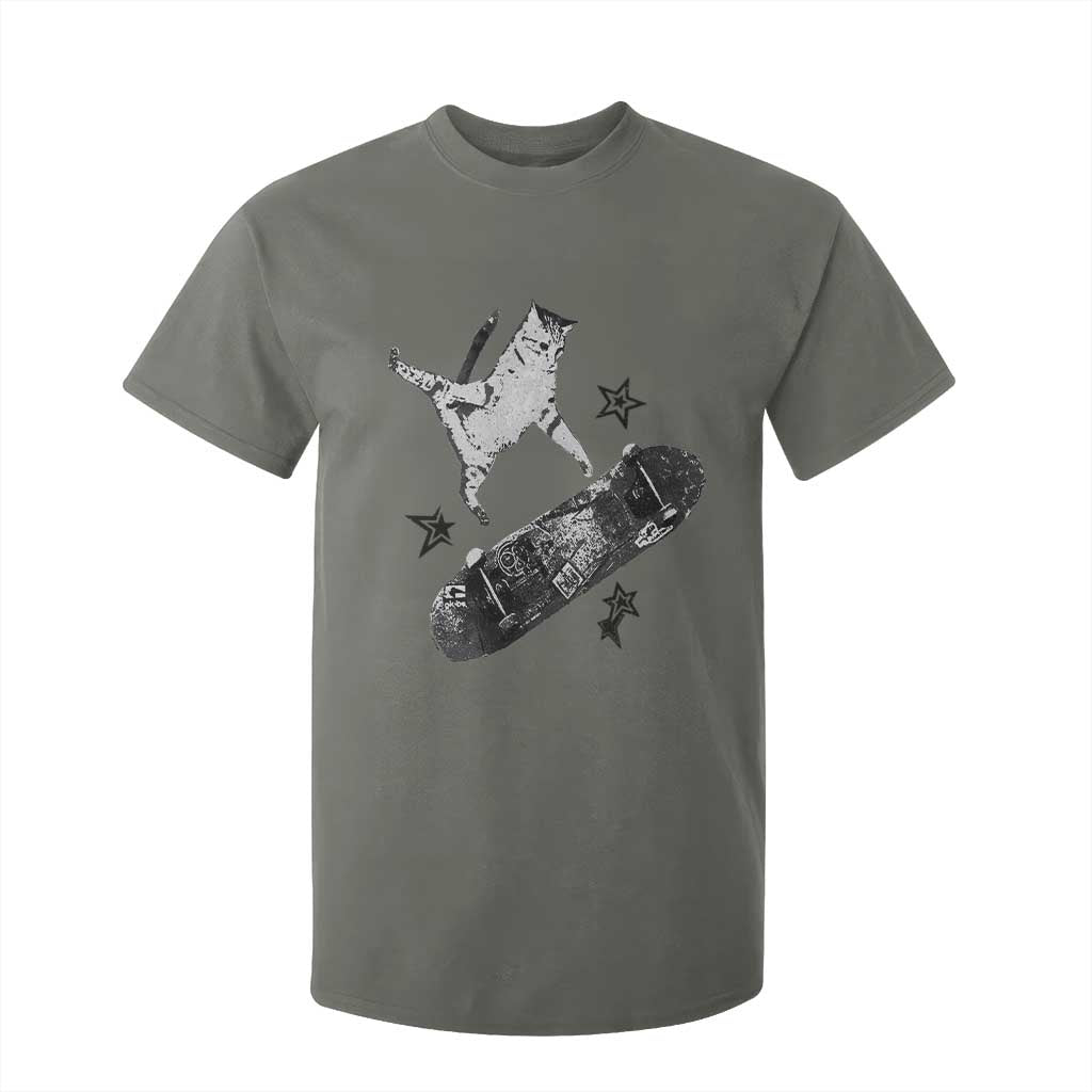 Skateboard Cat Y2K T Shirt For Kid Rockstar Gf Aesthetic Cat Retro Grunge Skater TS10 Military Green Print Your Wear